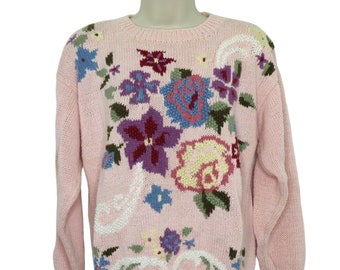 Beldoch Popper Womens Small Pink Knit Crewneck Floral Flower Pullover Sweater