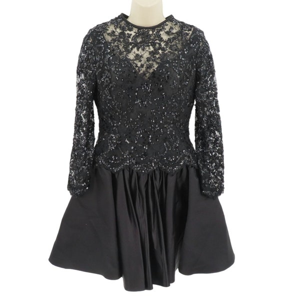 Joanna Mastroianni Womens 8 Solid Black Lace Sequin Long Sleeve Dress Cocktail