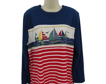 VTG White Stag Womens Large Nautical Sailboat Blue Red Striped Shirt Blouse Top