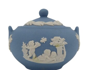 Wedgwood Blue Jasperware Miniature Sugar Bowl With Lid Mini Tea Piece Stonewear
