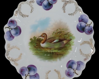 VTG Bavaria Plate 8.9in Duck Bird Plum Fruit Gilt Gold Leaf Swag Scalloped Edge