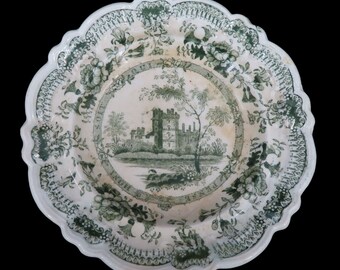 Antique Royal Sketches 4in Plate Green Castle Building Floral Flower Butter Pat