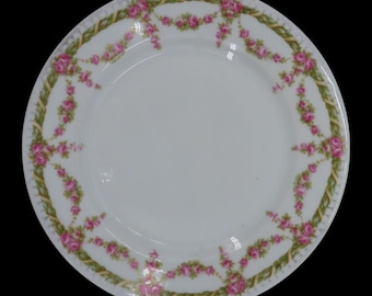 MZ Austria 8.5in Plate Pink Rose Flower Floral Swag Green Leaves Garden Chic VTG
