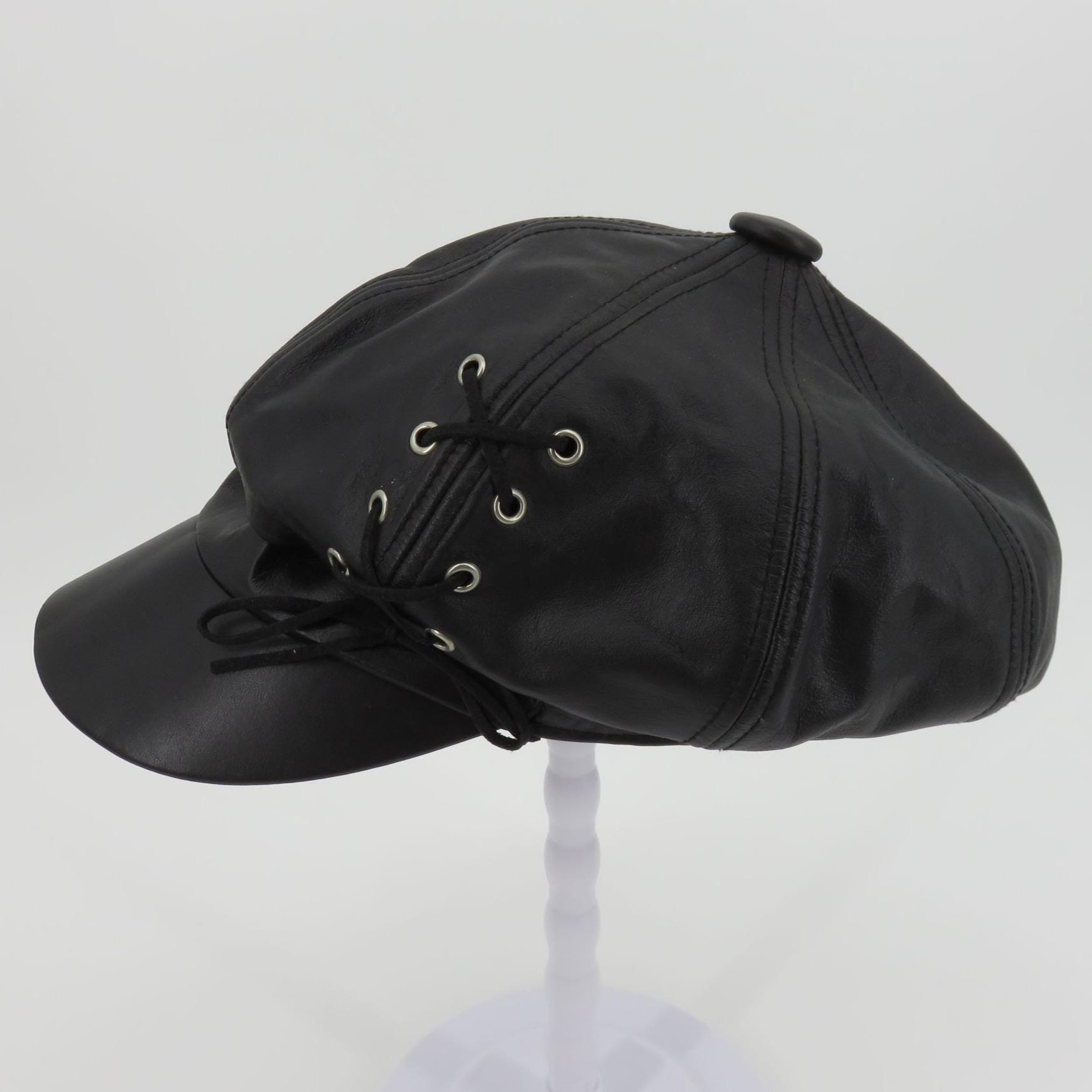 Harley Davidson Adult Large Black Leather Embroidered Lace Up Cabbie Newsboy Hat Harley Davidson Adult Large Black Leather Embroidered Lace  main image 3