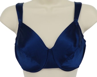 Biustonosz VTG Victoria's Secret 34D w kolorze niebieskim, bez podszewki, z fiszbinami, satynowy, gładki, damski, lata 80.