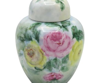 Vintage Handpainted JONES Pink Yellow Rose Flower Floral Ceramic Ginger Jar Urn