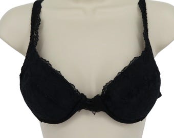 VTG Victorias Secret 34B Black Lace Padded Underwire Bra Gold Label 1980s Women