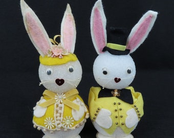 VTG Handmade Set of 2 Styrofoam Easter Bunnies Bunny Rabbit Mr Mrs Felt Flowers