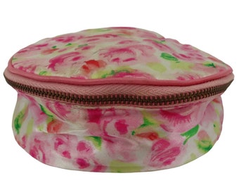 VTG Andre Richard Pink Rose Floral Flower Velvet Lined Zip Jewelry Pouch Bag