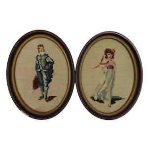 Vintage Oval Framed Victorian Man Woman Finished Needlepoint Handmade Wall Decor