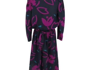 VTG Sasson Women 6 Blue Purple Abstract Floral Long Sleeve Dress Padded Buttons
