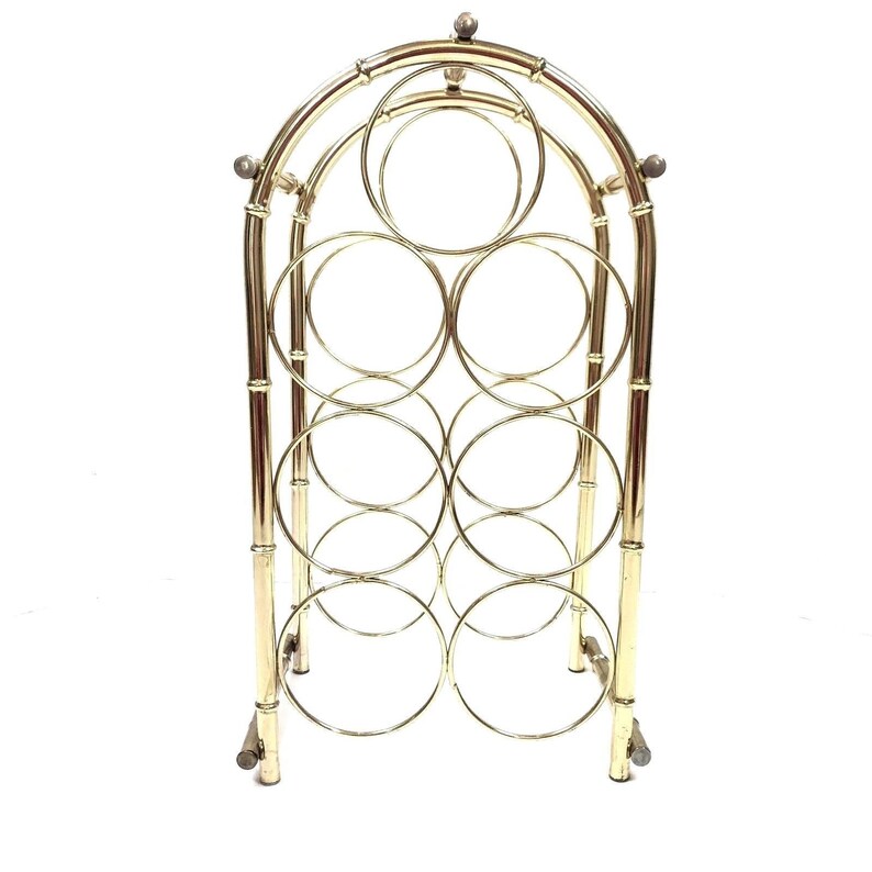 Vintage Hollywood regency gold tone metal bamboo 7 bottle wine rack holder bar retro barware home decor wino lover southern charm preppy