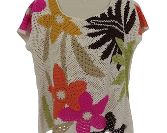 Y2K Susan Bristol Women Medium Crochet Tropical Flower Floral Shirt Top Blouse