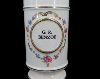 VTG G R Benzoe Porcelain Apothecary Pharmacy Jar Gilt Gold Floral Flower Swag