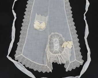 Handmade Ivory Sheer Half Apron Lace Trim Bow Pocket Kitchen Chic Cottagecore
