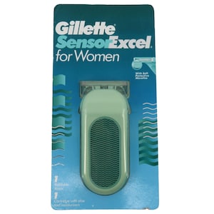 May include: A Gillette Sensor Excel for Women refillable razor in a teal and white package. The razor is light green with a textured grip. The packaging includes the text "Gillette Sensor Excel for Women".