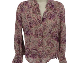 Y2K Banana Republic Women Small Silk Paisley Scroll Purple Multicolor Shirt Top
