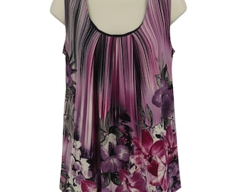 VTG Keren Hart Women Small Purple Black Hibiscus Flower Bubble Hem Shirt Top 00s