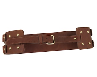 Y2K Juicy Couture Women Wide Brown Leather Gold D Ring Studded Corset Belt VTG