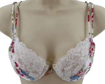 VTG Jaclyn Smith 34B Bra Underwire Lace Trim Padded Floral Flower Print Women
