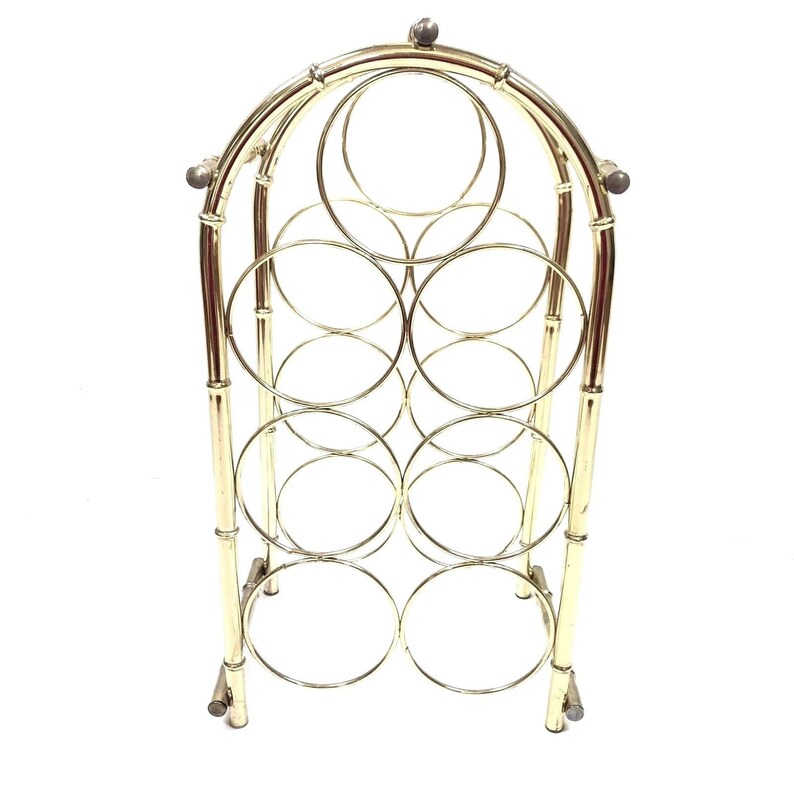 Vintage Hollywood regency gold tone metal bamboo 7 bottle wine rack holder bar retro barware home decor wino lover southern charm preppy