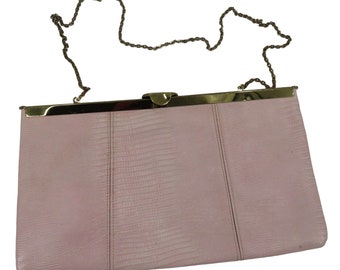 Vintage Pink Genuine Leather Gold Tone Metal Chain Evening Bag Clutch Purse Chic