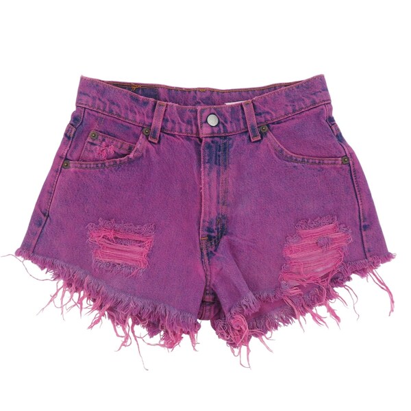 Levis Girls 14 Pink Purple Distressed Destroyed Denim Jean Shorts 1990s Vintage