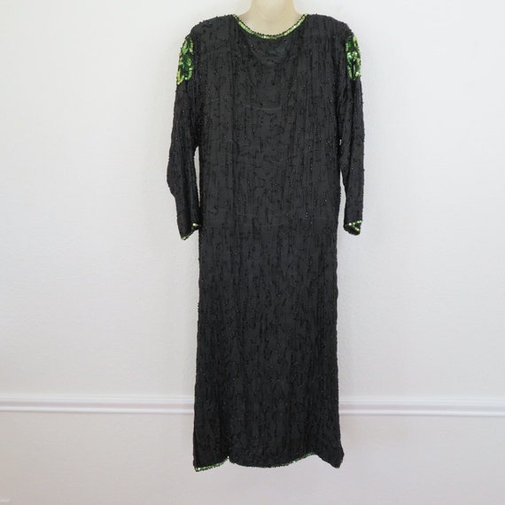 Vintage Womens Medium Black Green Silk Beaded Seq… - image 7