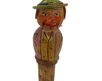 Antique Hand Carved Mechanical Marionette Man Wood Wooden Cork Stopper Wine VTG