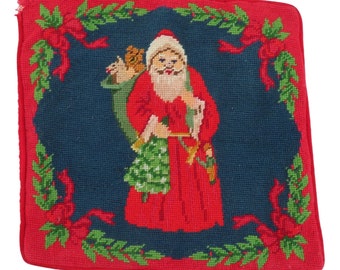 VTG Santa Claus Father Christmas Papa Noel Needlepoint Pillow Sham Zipper Xmas