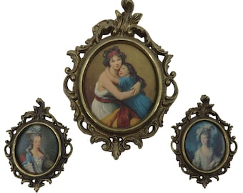 VTG Set of 3 Mini Silk Art Printed Framed Images Ornate Brass Oval Frames Italy