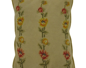 VTG Yellow Orange Poppy Needlepoint Throw Pillow Rectangle Velvet Country Floral