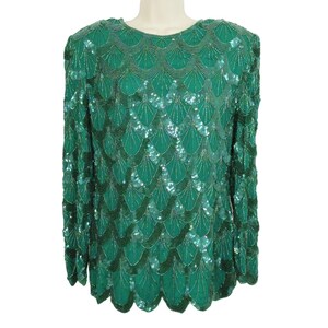 VTG TJ Wear Womens Plus Size 1X Green Scallop Beaded All Silk Long Sleeve Shirt