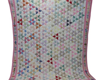 Antik handgjord 76 tum x 90 tum 6-punkts stjärnfilt rosa flerfärgad quiltning