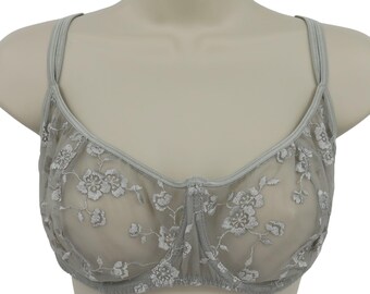 Sujetador vintage Victoria's Secret talla 38D, gris, bordado floral, malla transparente con aros.