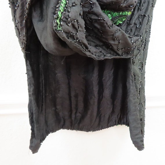 Vintage Womens Medium Black Green Silk Beaded Seq… - image 6