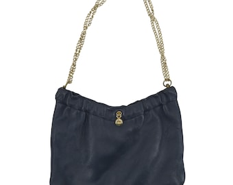 VTG Ande Blue Genuine Leather Gold Metal Chain Strap Handbag Purse Bag Retro