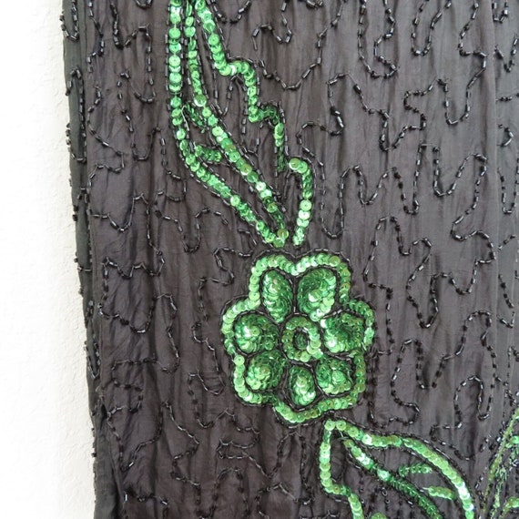 Vintage Womens Medium Black Green Silk Beaded Seq… - image 5