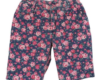 VTG Good Fellows Women 11/12 Pink Rose Flower Floral Denim Mom Shorts Pockets