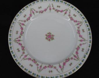 Limoges Bassett Austria 9.5in Plate Pink Rose Blue Flower Floral Swag Gold Trim