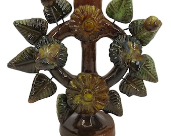 Portacandele singolo in ceramica "Albero della Vita", candelabro, arte popolare messicana, fiore e foglia.