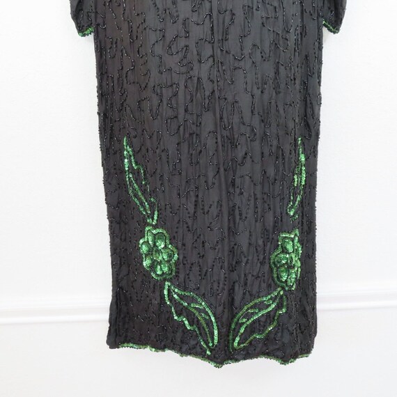 Vintage Womens Medium Black Green Silk Beaded Seq… - image 4