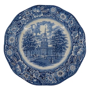 Independence Hall Liberty Blue Staffordshire Ironstone Flower Plate England VTG
