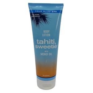May include: A blue body lotion tube with the text "TRUE BLUE SPA" and "Island Getaway." The label reads "tahiti, sweetie" with Monoi Oil. The tube contains 8 fl oz / 236 ml of lotion.