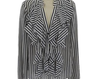 Y2K Cache Women 6 Sheer Ruffle Blue White Stripe Button Blouse Shirt Top NEW