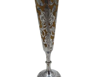 VTG Hand Chased Etched Floral Swag Silver Gold Tone Metal Vase 6.9in Israel Made