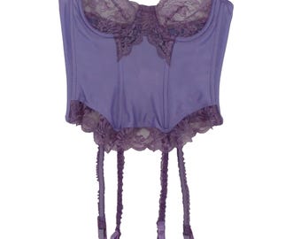VTG Dolores Poirette Women 34 Purple Floral Lace Corset Top Boned Garter Straps