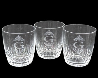 Set of 3 Etched G Initial Scroll Monogram 3.75in Crystal Glass Cocktail Glasses