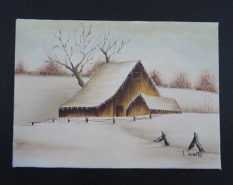 L Wells Winter Countryside Snow Fields Country Farm Canvas Panel Painting VTG