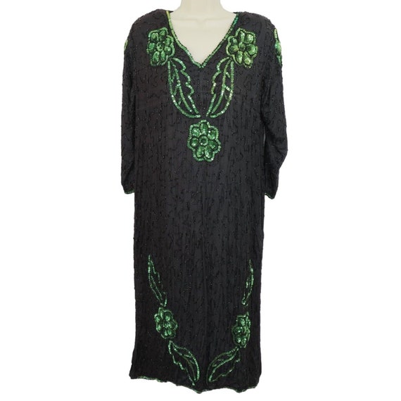 Vintage Womens Medium Black Green Silk Beaded Seq… - image 1